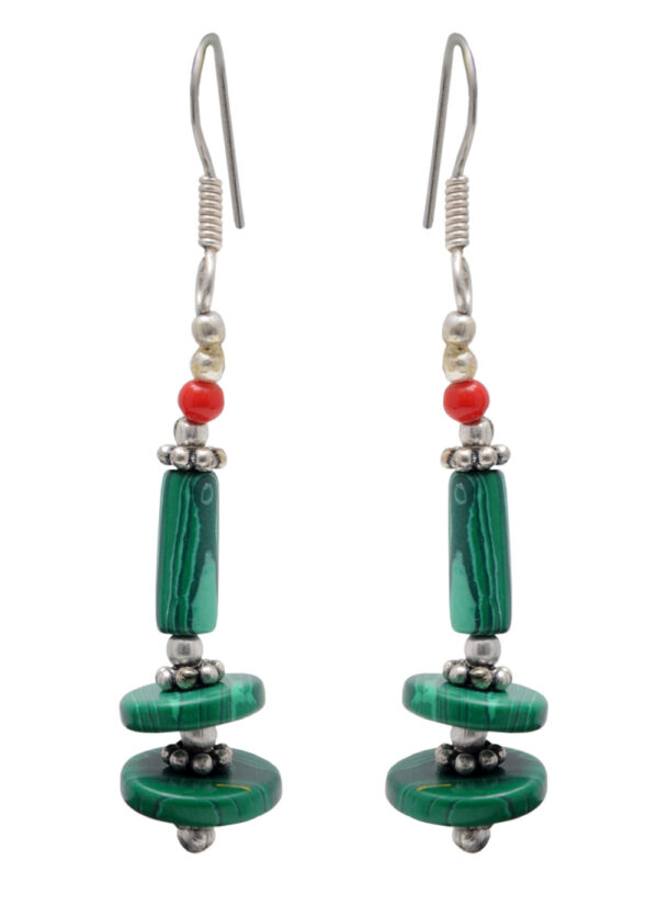 Malachite & Coral Gemstone Beaded Earring In .925 Sterling Silver ES-1725