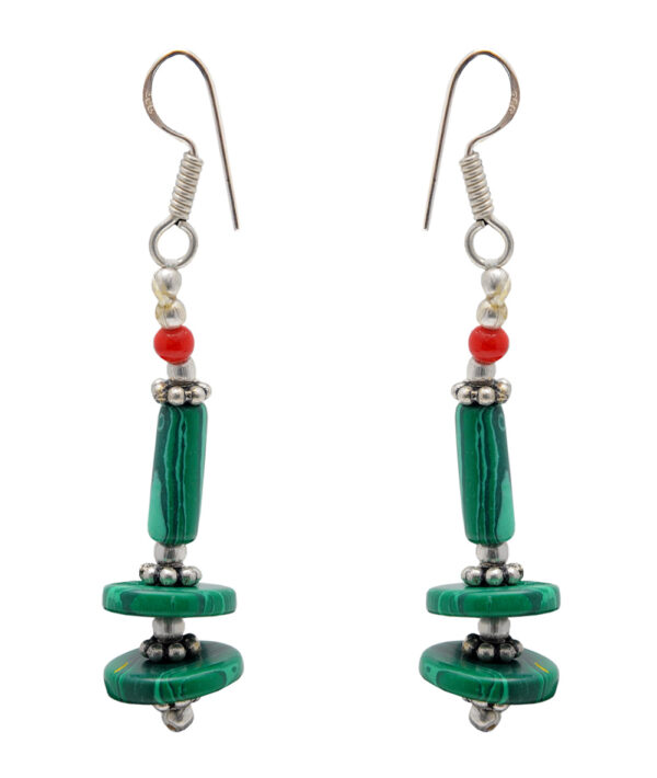 Malachite & Coral Gemstone Beaded Earring In .925 Sterling Silver ES-1725