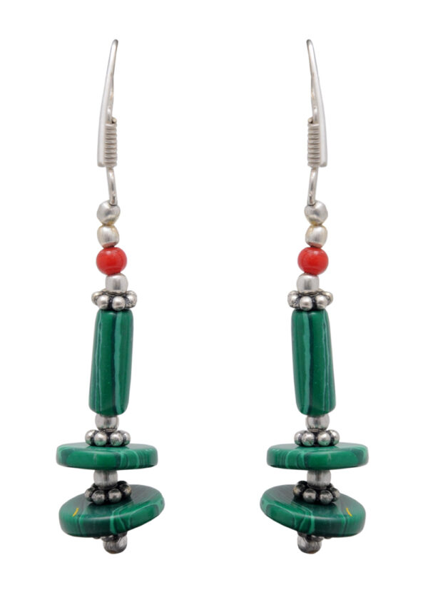 Malachite & Coral Gemstone Beaded Earring In .925 Sterling Silver ES-1725