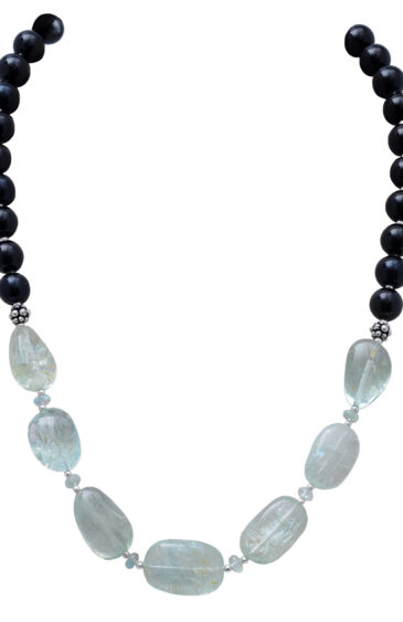 Aquamarine Tumble & Black Onyx Gemstone Beaded Necklace NS-1726