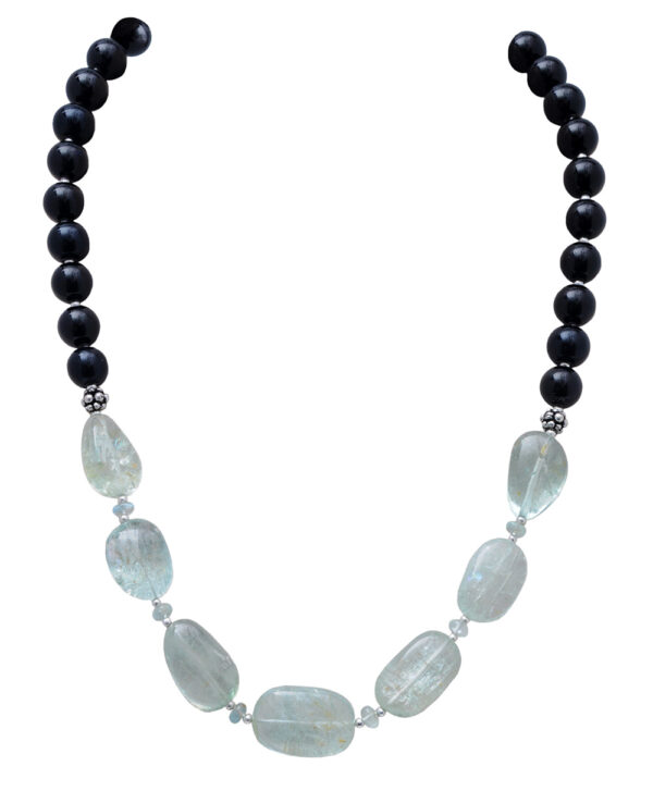 Aquamarine Tumble & Black Onyx Gemstone Beaded Necklace NS-1726