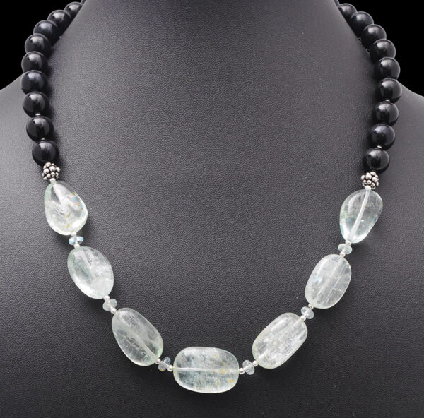 Aquamarine Tumble & Black Onyx Gemstone Beaded Necklace NS-1726