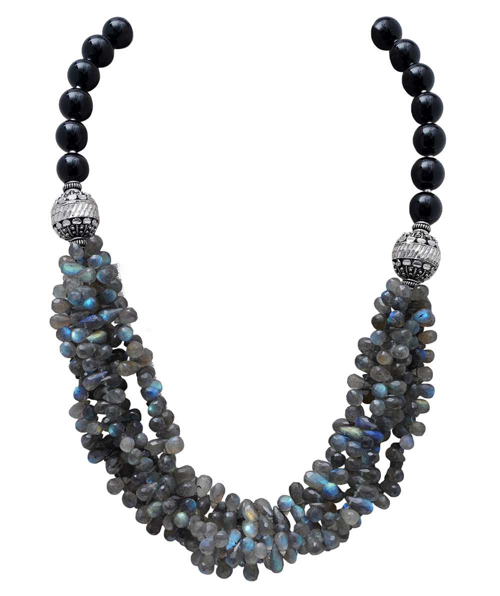 Labradorite Drop & Black Onyx Gemstone Beaded Necklace NS-1727