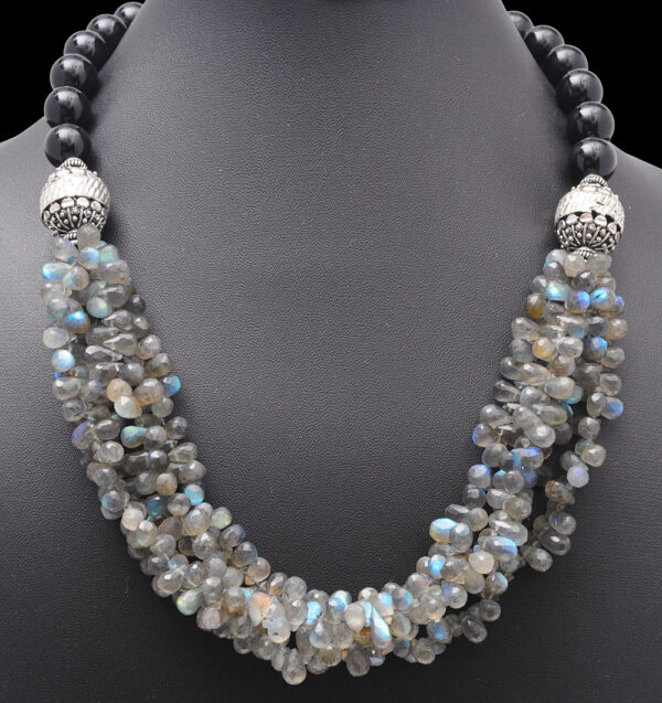 Labradorite Drop & Black Onyx Gemstone Beaded Necklace NS-1727