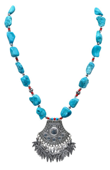 Turquoise & Coral Gemstone With Silver Element Beaded Necklace NS-1728