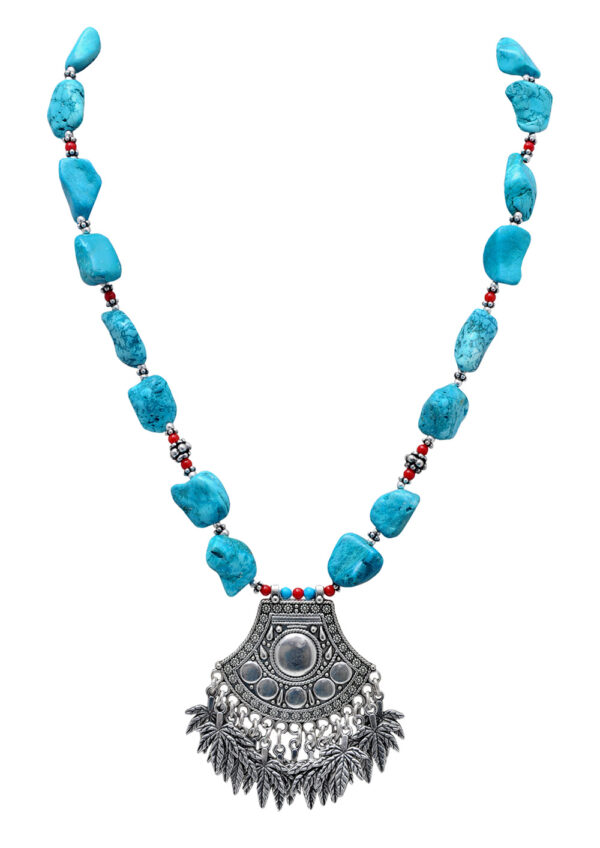 Turquoise & Coral Gemstone With Silver Element Beaded Necklace NS-1728