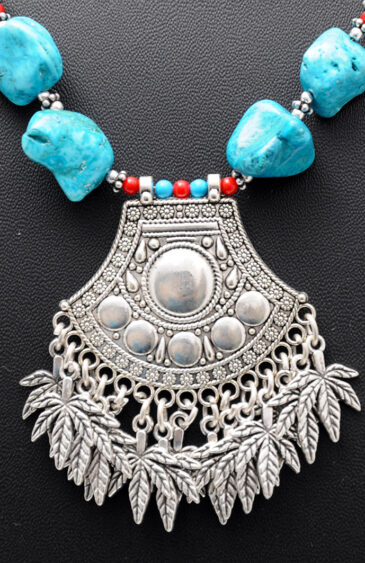 Turquoise & Coral Gemstone With Silver Element Beaded Necklace NS-1728