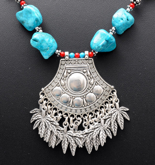 Turquoise & Coral Gemstone With Silver Element Beaded Necklace NS-1728