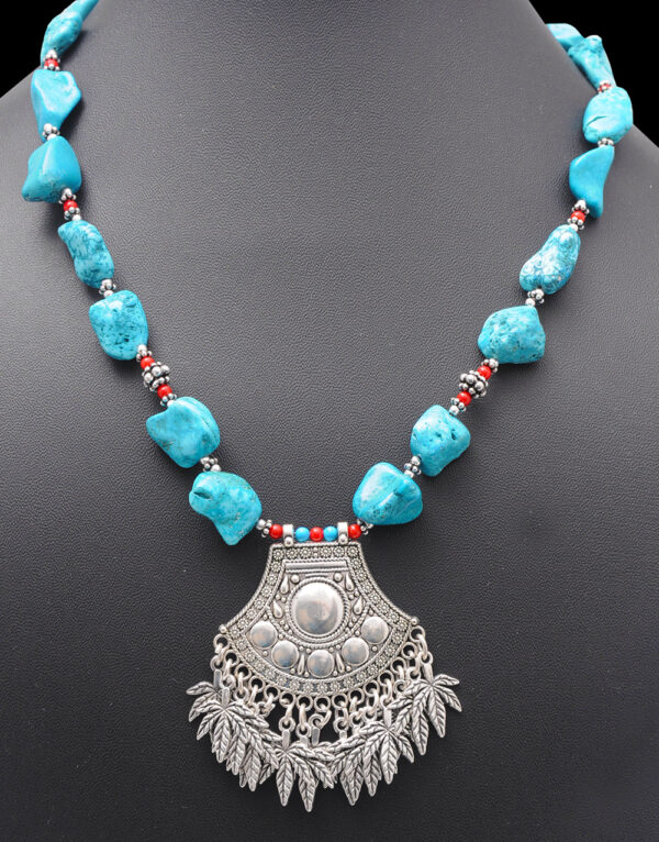 Turquoise & Coral Gemstone With Silver Element Beaded Necklace NS-1728