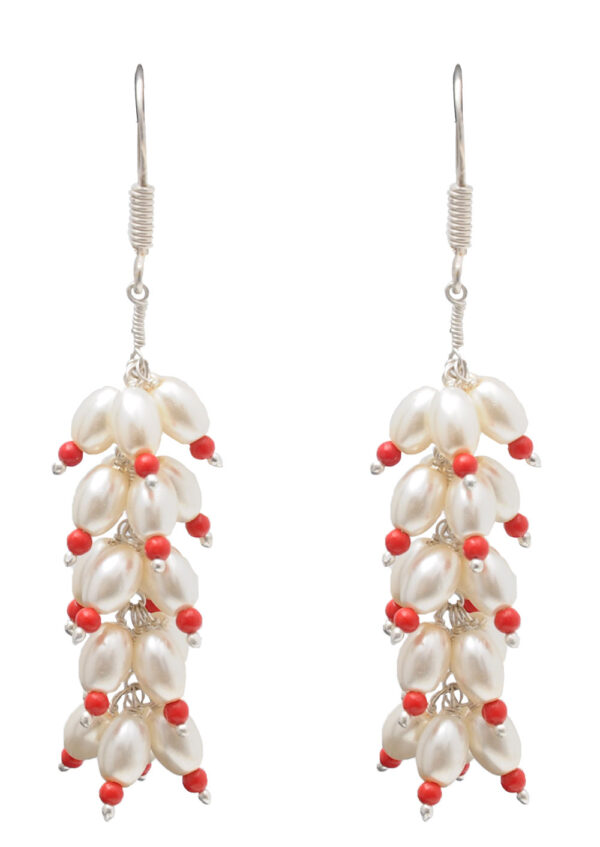 Pearl & Red Jasper Beaded Earring In 925 Sterling Silver ES-1731