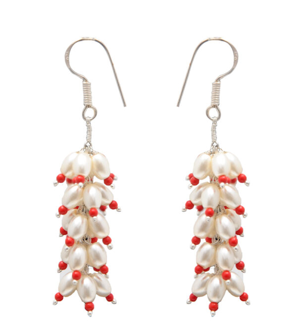 Pearl & Red Jasper Beaded Earring In 925 Sterling Silver ES-1731