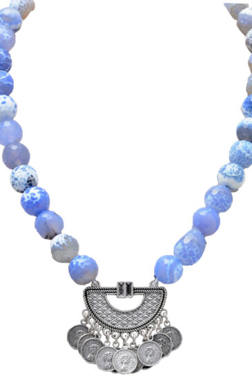Blue & White Color Onyx Gemstone Beaded Necklace With Silver Element NS-1738