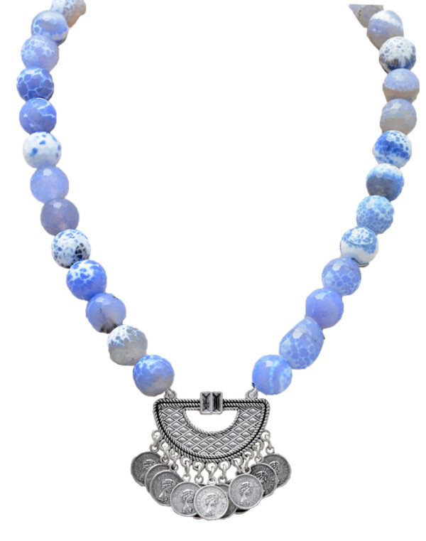 Blue & White Color Onyx Gemstone Beaded Necklace With Silver Element NS-1738