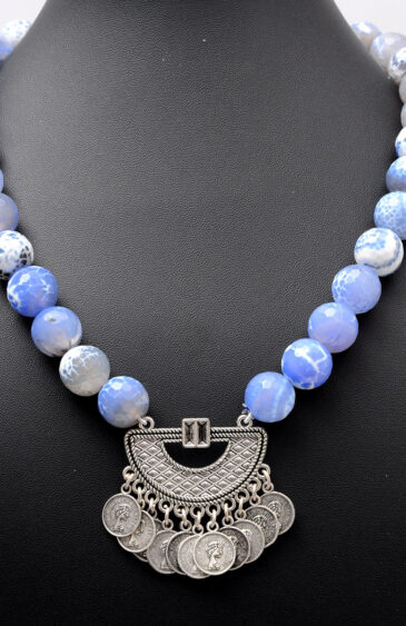 Blue & White Color Onyx Gemstone Beaded Necklace With Silver Element NS-1738