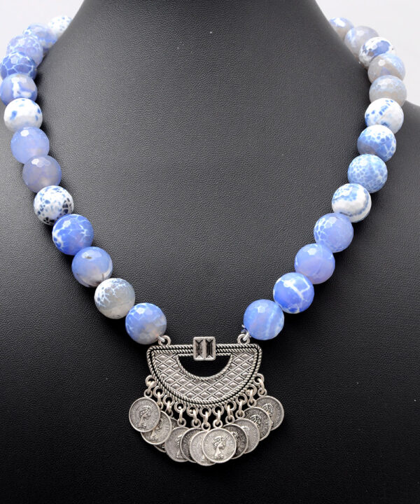 Blue & White Color Onyx Gemstone Beaded Necklace With Silver Element NS-1738