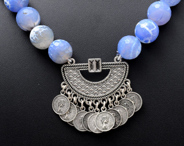 Blue & White Color Onyx Gemstone Beaded Necklace With Silver Element NS-1738