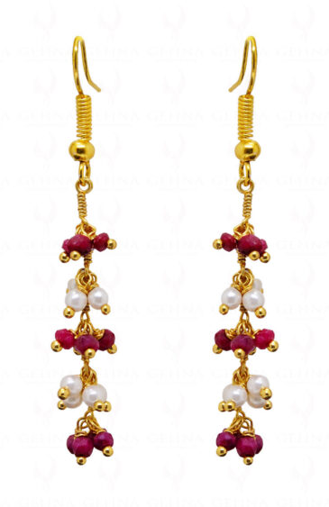 Pearl & Ruby Gemstone Faceted Bead Earrings ES-1745