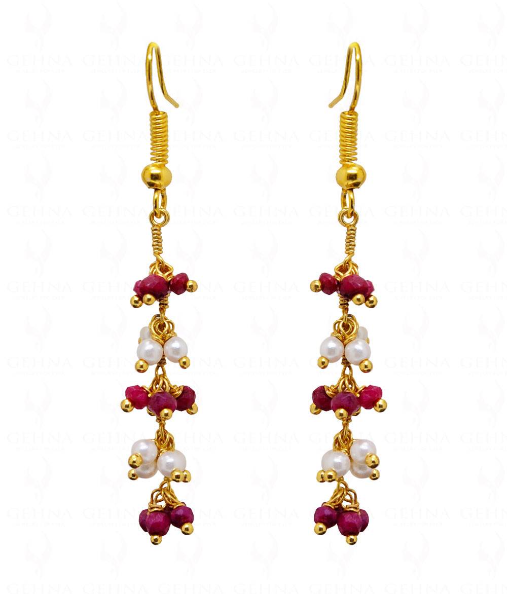 Pearl & Ruby Gemstone Faceted Bead Earrings ES-1745