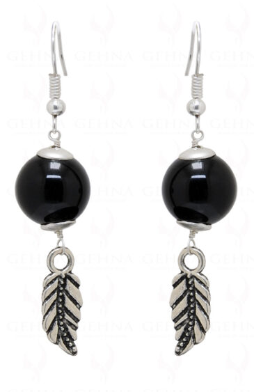 Earrings Of Black Onyx Gemstone Ball With Leaf Shape Element  ES-1751