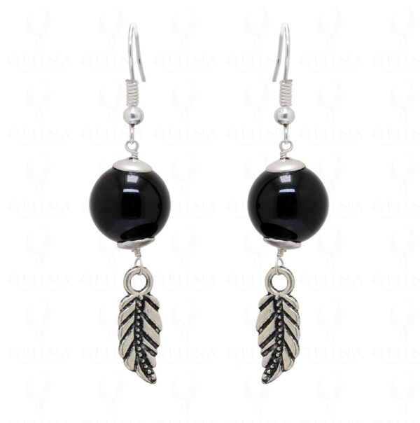 Earrings Of Black Onyx Gemstone Ball With Leaf Shape Element  ES-1751