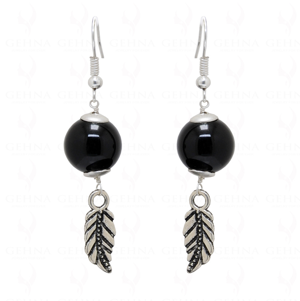 Earrings Of Black Onyx Gemstone Ball With Leaf Shape Element  ES-1751