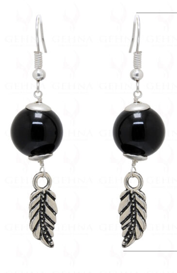 Earrings Of Black Onyx Gemstone Ball With Leaf Shape Element  ES-1751