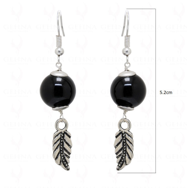 Earrings Of Black Onyx Gemstone Ball With Leaf Shape Element  ES-1751