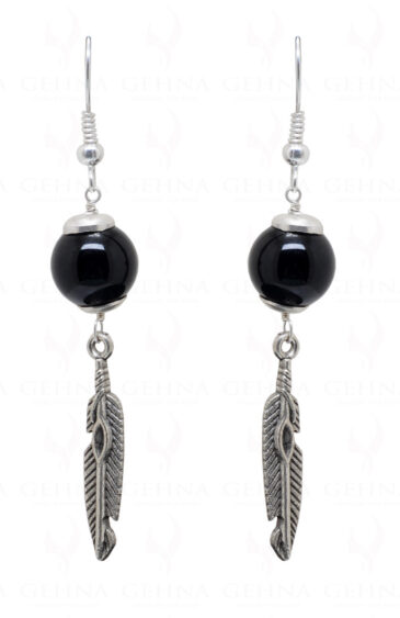 Earrings Of Black Onyx Gemstone Ball With Leaf Shape Element  ES-1753