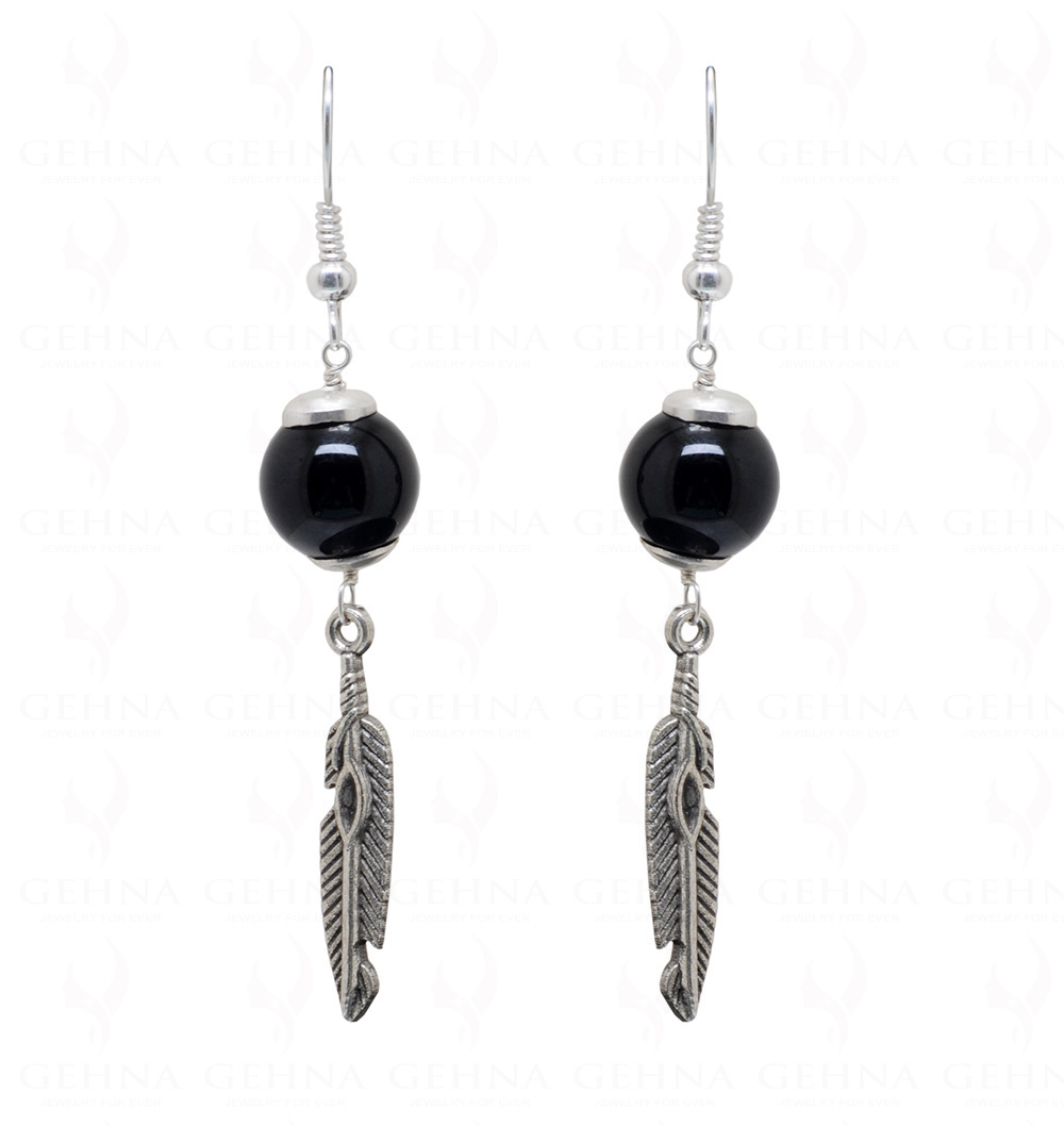 Earrings Of Black Onyx Gemstone Ball With Leaf Shape Element  ES-1753