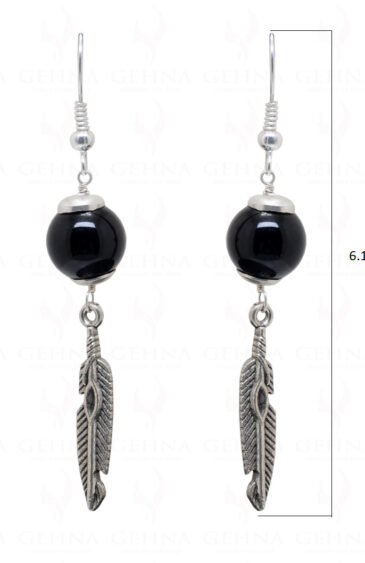 Earrings Of Black Onyx Gemstone Ball With Leaf Shape Element  ES-1753