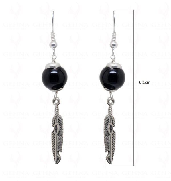 Earrings Of Black Onyx Gemstone Ball With Leaf Shape Element  ES-1753