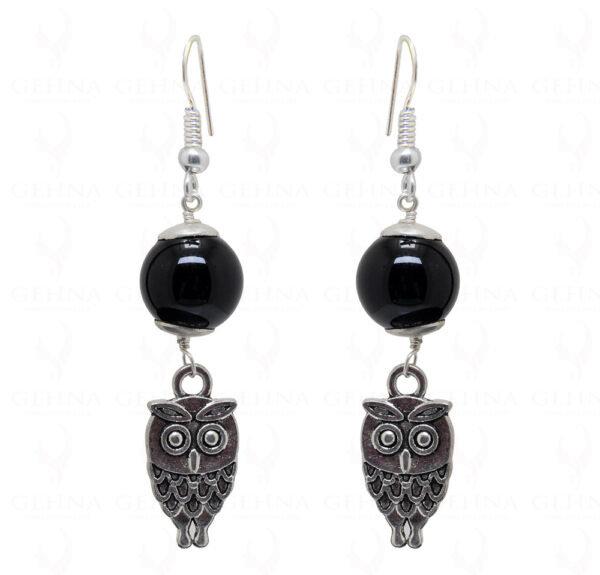 Earrings Of Black Onyx Gemstone Ball With Leaf Shape Element  ES-1755