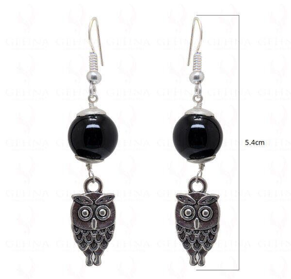 Earrings Of Black Onyx Gemstone Ball With Leaf Shape Element  ES-1755