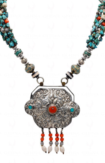 Tibettian jewelry turquoise & coral Studded pendant with turquoise beads NS-1765