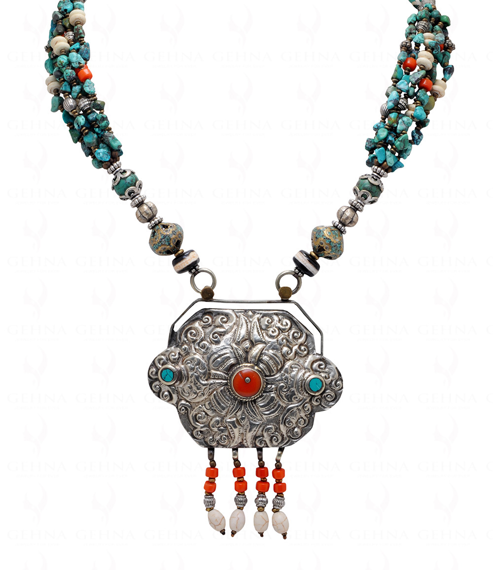 Tibettian jewelry turquoise & coral Studded pendant with turquoise beads NS-1765