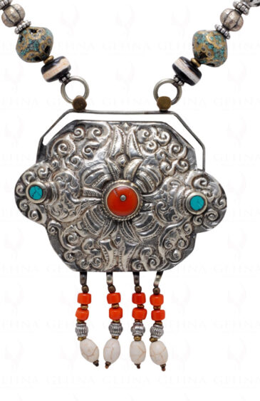 Tibettian jewelry turquoise & coral Studded pendant with turquoise beads NS-1765