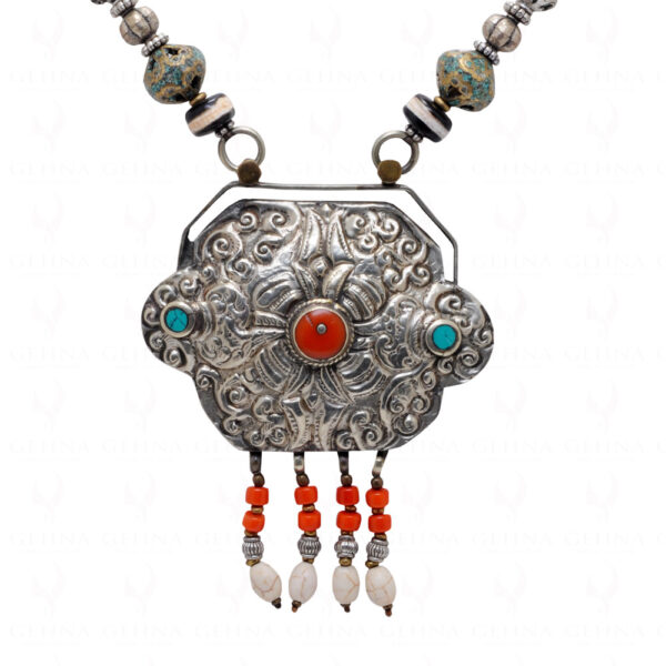 Tibettian jewelry turquoise & coral Studded pendant with turquoise beads NS-1765