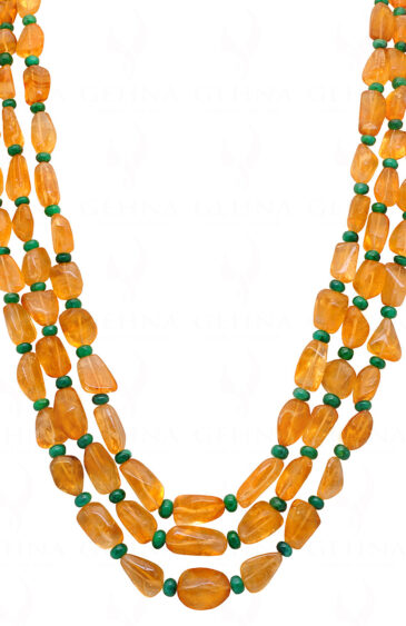 3 Rows of Citrine & Emerald gemstone Bead Necklace  NS-1766