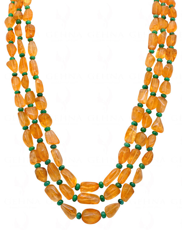 3 Rows of Citrine & Emerald gemstone Bead Necklace  NS-1766