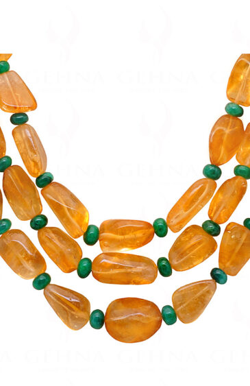 3 Rows of Citrine & Emerald gemstone Bead Necklace  NS-1766