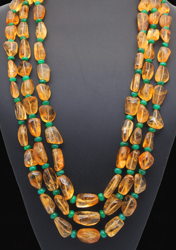 3 Rows of Citrine & Emerald gemstone Bead Necklace  NS-1766