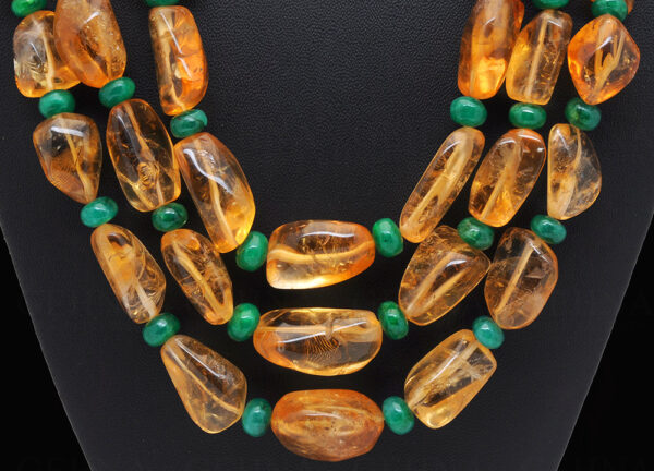 3 Rows of Citrine & Emerald gemstone Bead Necklace  NS-1766