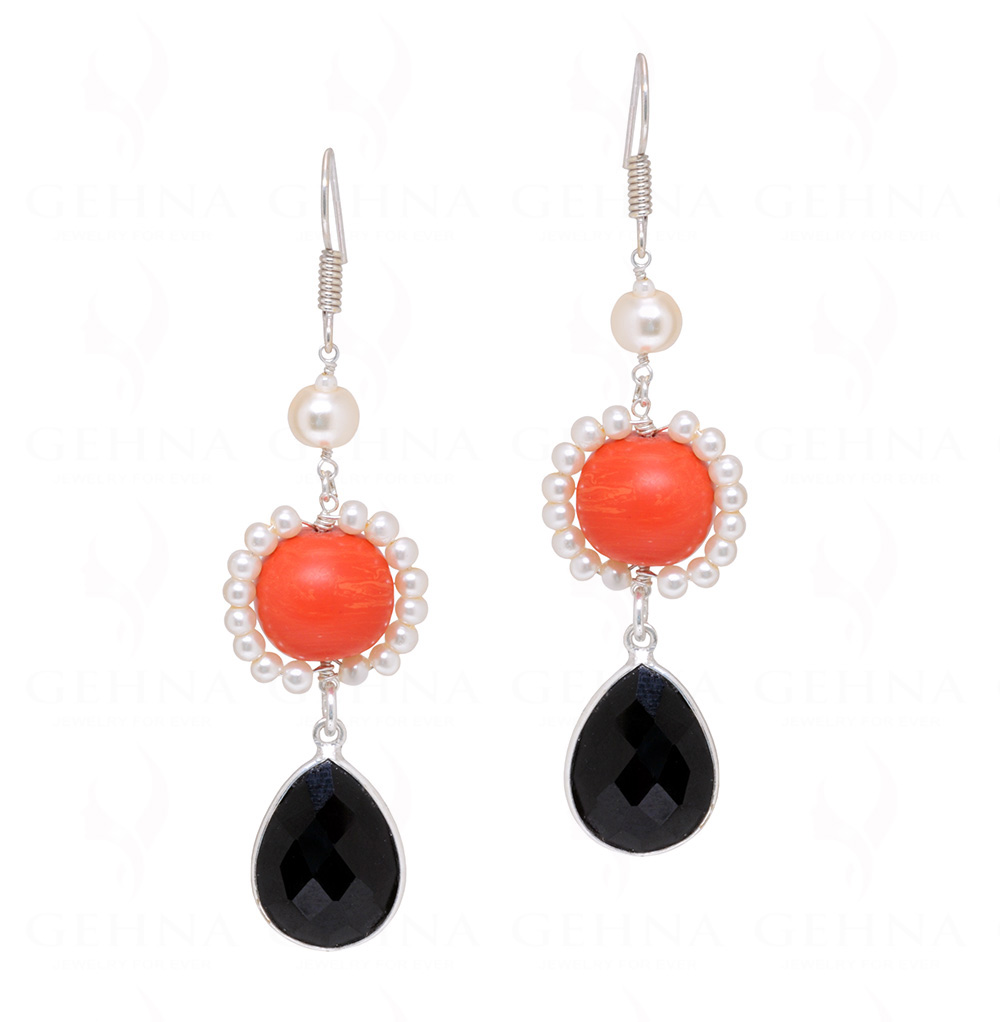 Pearl, Red Jade & Black Spinel Gemstone  Beaded Earrings  ES-1784