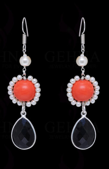 Pearl, Red Jade & Black Spinel Gemstone  Beaded Earrings  ES-1784