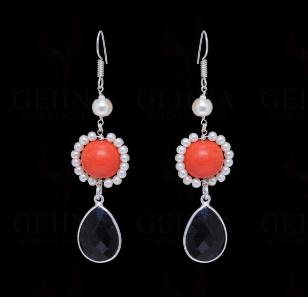 Pearl, Red Jade & Black Spinel Gemstone  Beaded Earrings  ES-1784