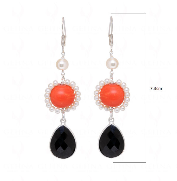 Pearl, Red Jade & Black Spinel Gemstone  Beaded Earrings  ES-1784