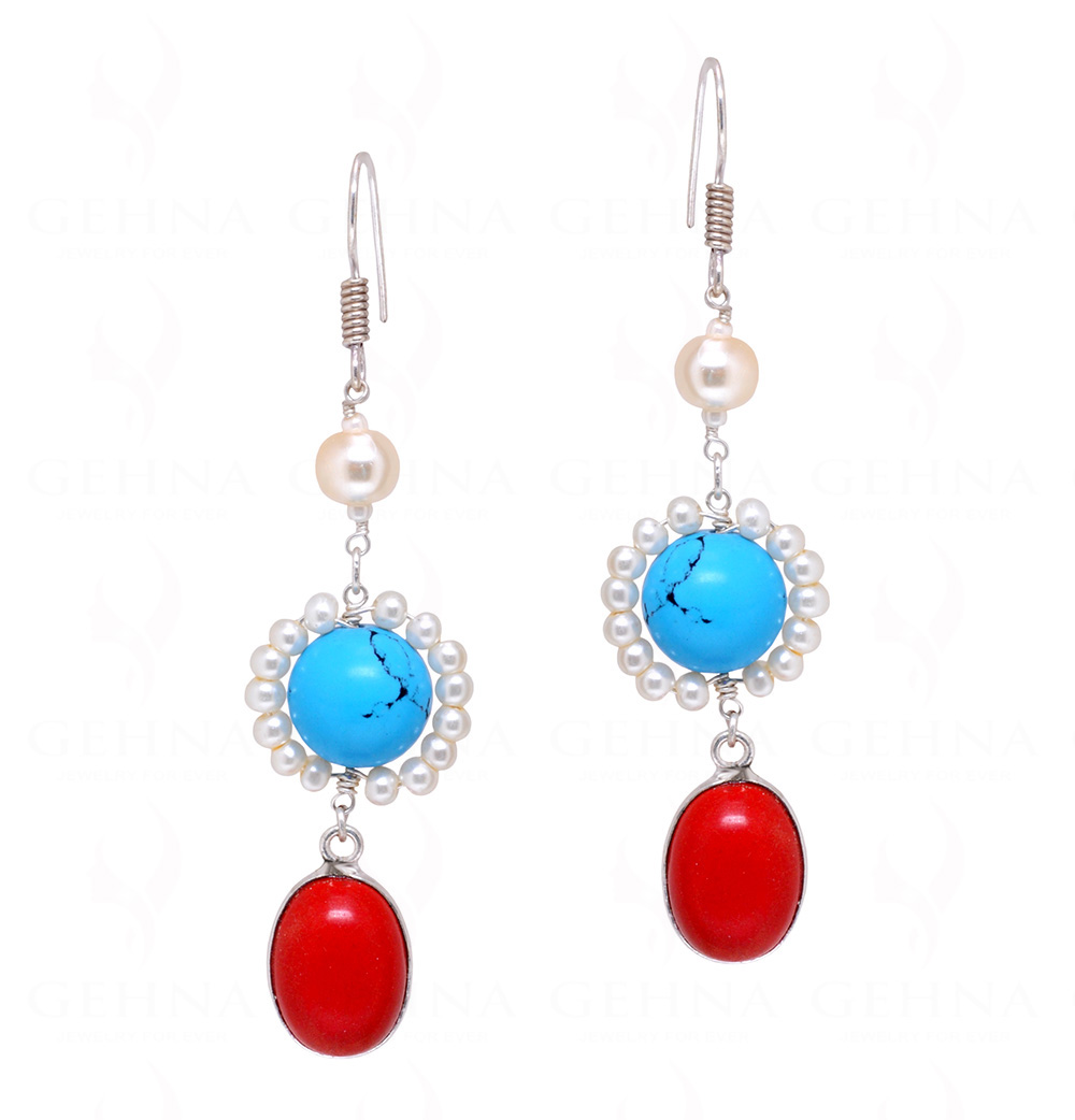 Pearl, Red Jade & Turquoise Gemstone Beaded Earrings  ES-1785