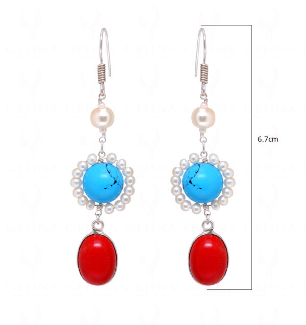 Pearl, Red Jade & Turquoise Gemstone Beaded Earrings  ES-1785
