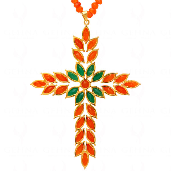 Pectoral Cross Carnelian & Emerald Studded 925 Silver Pendant Beads Chain NS-1793