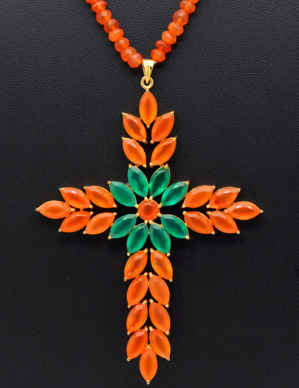 Pectoral Cross Carnelian & Emerald Studded 925 Silver Pendant Beads Chain NS-1793